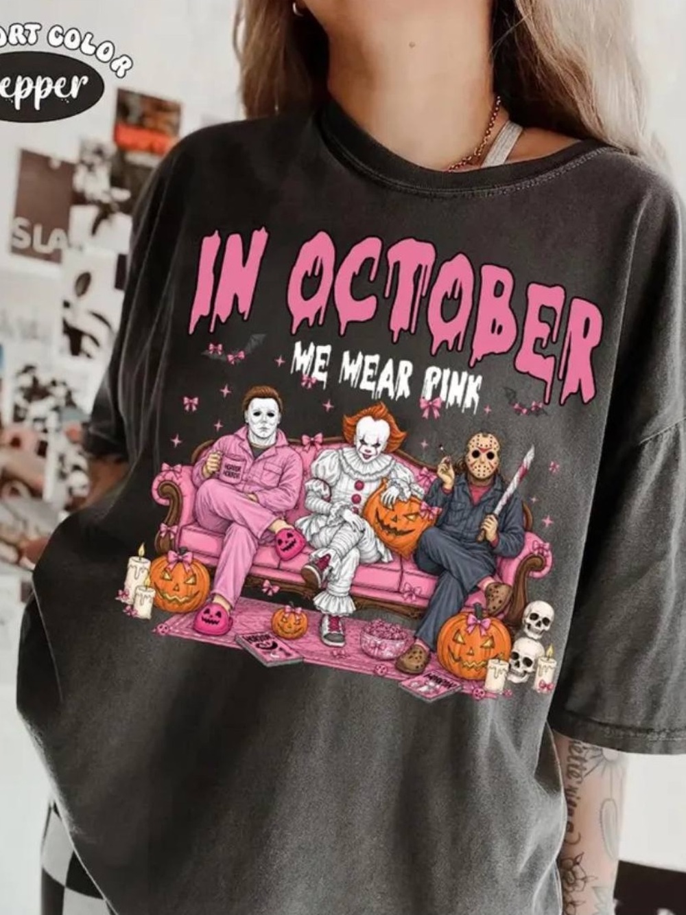 Comfort Colors Pepper Halloween Graphic Tee, In October We Wear Pink T-Shirt
